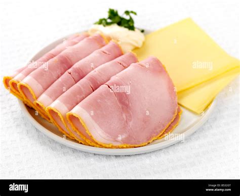 Freshly Prepared Cold Cooked Ham And Slices Of Cheese With No People ...