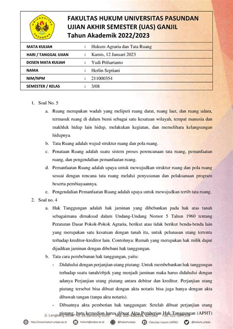 Jawaban Uas Hukum Agraria Dan Tata Ruang Soal No 5 A Ruang