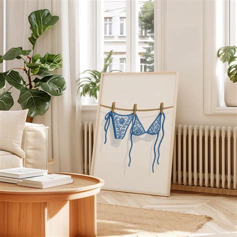 Chinoiserie Bikini Clothesline Print Blue Swimsuit Coastal Cowgirl Laundry Line Bathing Suit