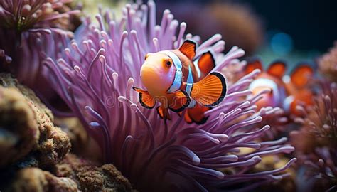 Colorful Clown Fish Swim In Vibrant Coral Reef Generated By AI Stock