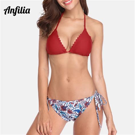 Anfilia Women Bikini Set Floral Print Swimwear Halter Top Bandage Sexy