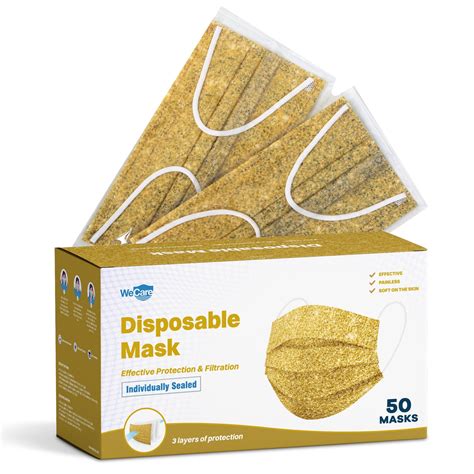 Disposable Face Masks 3 Ply Individually Wrapped 50ct Gold