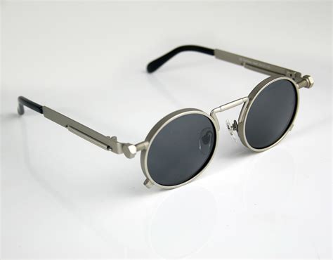 Round Steampunk Sunglasses With Spring On Temples Silver Metal Frame Polarised Lens Gs 1985