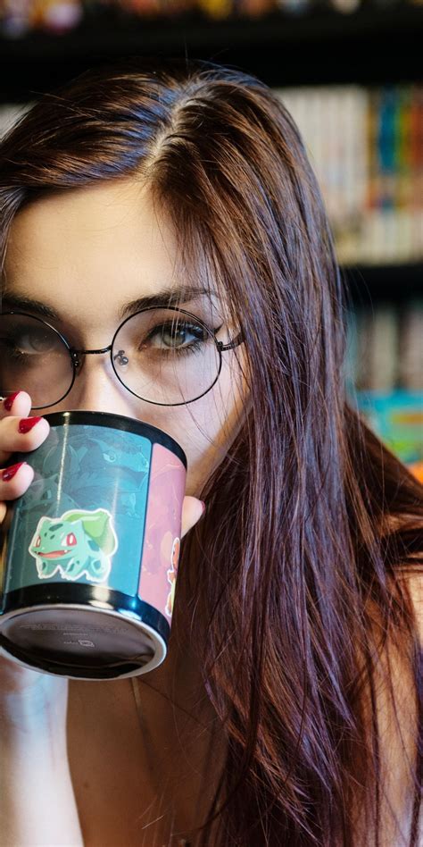 Girl Model Green Eyes Long Hair Photo Cup Bokeh Brunette