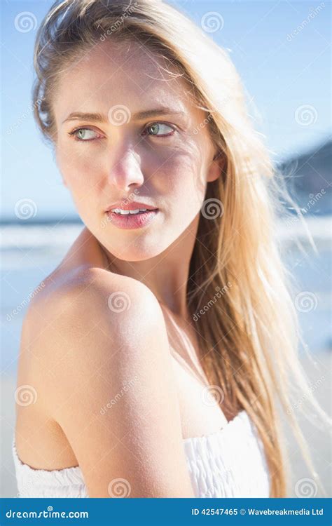 Woman In White Dress Posing On The Beach Stock Image Image Of