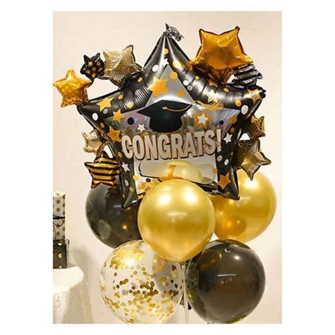 Graduation Gold and Black Stars Balloon Bouquet 9 Piece - Pretty Party Shop