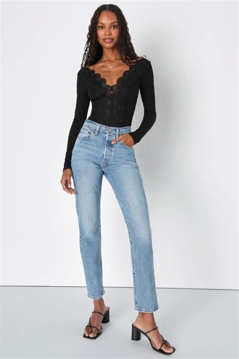 Black Ribbed Bodysuit Lace Trimmed Bodysuit Long Sleeve Top Lulus