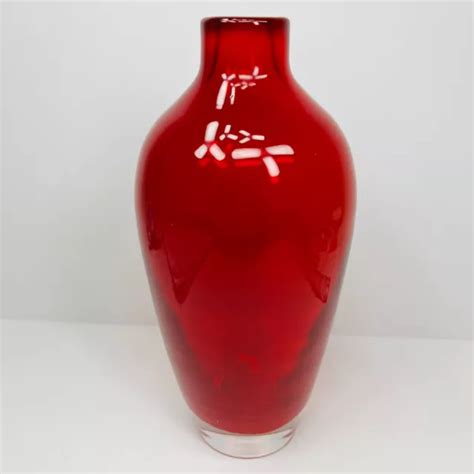 Vintage Ruby Red Art Glass Bud Vase Hand Blown With A Clear Base