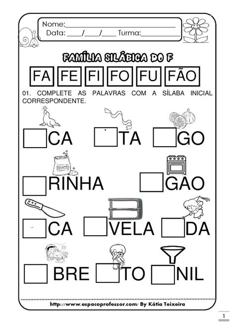 Atividades Para O Ensino Infantil Complete Com A Sílaba Inicial Família Silábica Do F