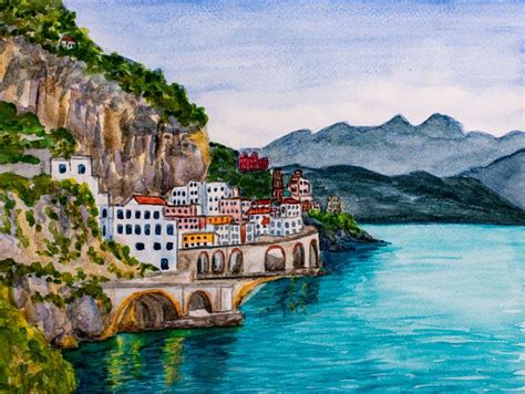 Amalfi Coast, Italy. Watercolor Painting Stock Image - Image of europe ...