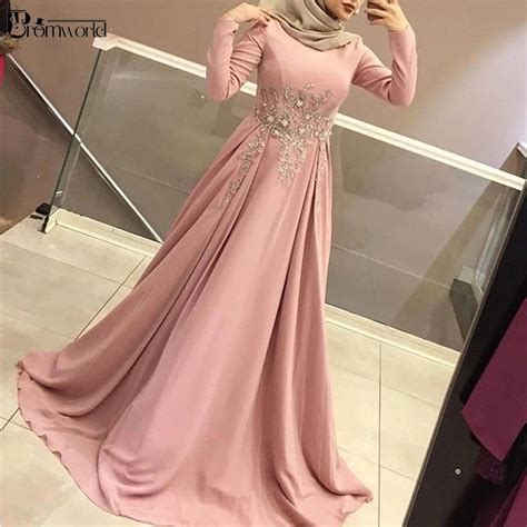 Off The Shoulder Muslim Dubai Pink Evening Dresses Long Sleeves Lace