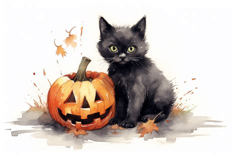 Watercolor Halloween Black Cat With Pumpkin By mamimo shop | TheHungryJPEG