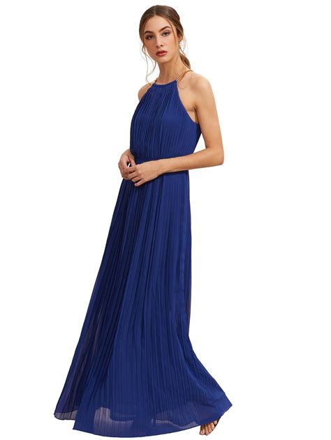 Chain Halterneck Pleated Maxi Dress Shein Sheinside