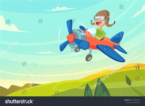 Boy Flying Airplane Funny Cartoon Illustration Stock Vector (Royalty ...