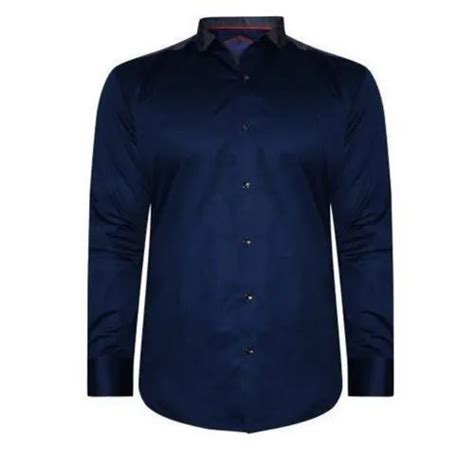 Plain Collar Neck Men Navy Blue Cotton Shirt Machine Wash At Best