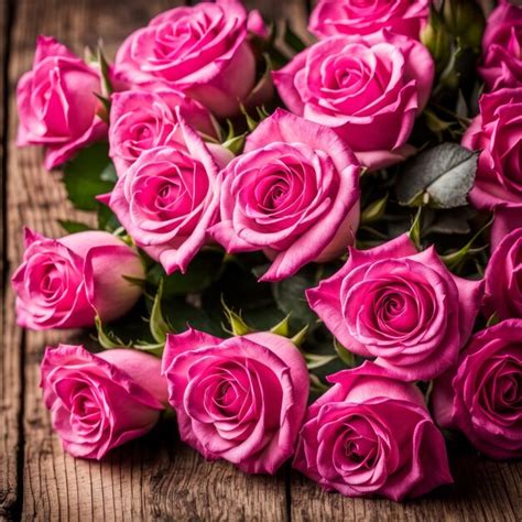 Premium Photo Beautiful Hot Pink Roses On Wooden Background