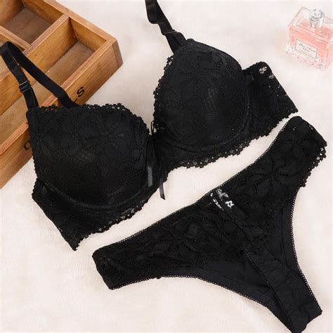 Cheap Sexy Lace Bra Thong Set Women Underwear Set Push Up Bra Panties