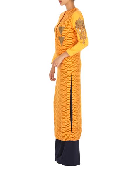 Orange Crepe Kurta Set With Navy Pants By Debarun The Secret Label