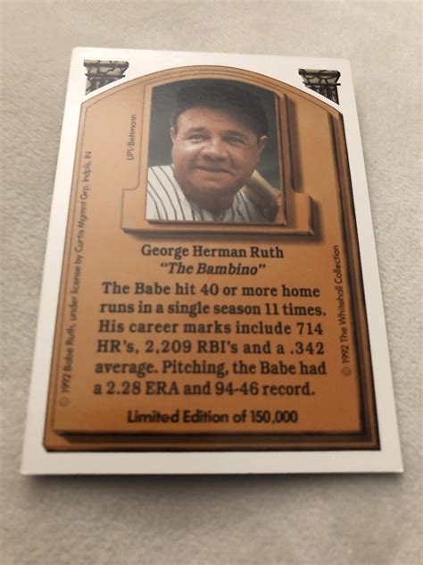 Babe Ruth 1992 The Whitehall Collection Limited Edition Baseball Card