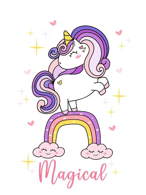 Niedliches Einhorn Magisches Lila Auf Regenbogen Einfache Doodle