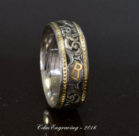 Cattle Brand Ring Hand Engraved Damascus With 18k And 22k Gold Western Wedding Rings