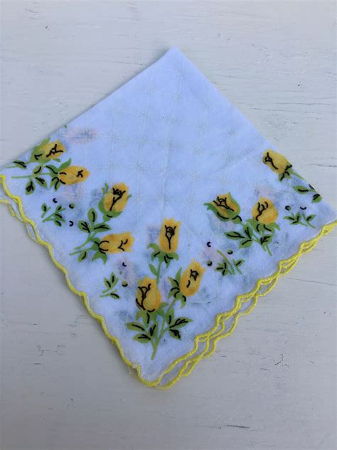 Vintage Set Of Four Yellow Floral Cotton Handkerchief Etsy Yellow Floral Vintage