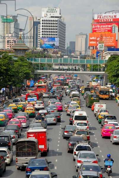 Dense Traffic On The Street Traffic Jam In Downtown Ratchadamri Road