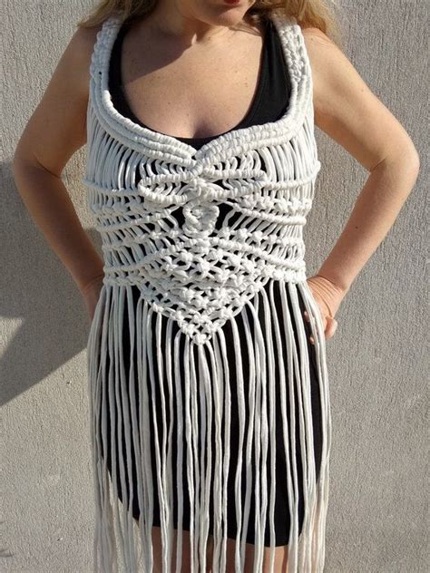 Off White Macrame Dress Fringed Boho And Hippie Burning Man Etsy