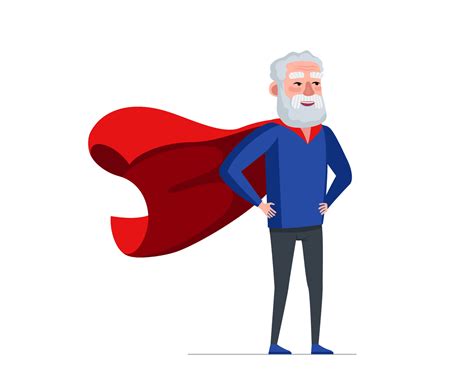 Older man in superhero costume wearing red cape. Super hero elderly male. Strong healthy old ...