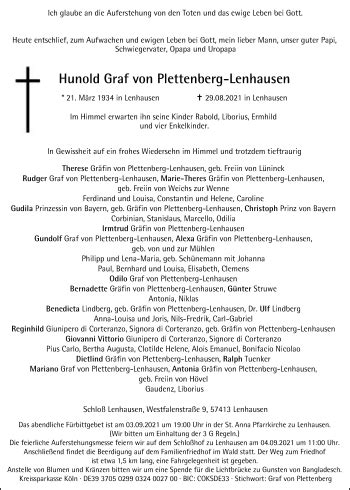 Traueranzeigen Von Hunold Graf Von Plettenberg Lenhausen Trauer In NRW De