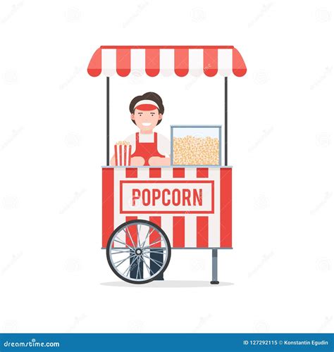 Seller Of Popcorn Cartoon Character Sells Fresh Popcorn Behind Counter