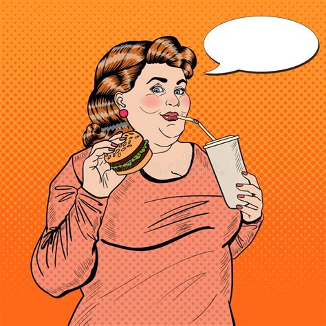 Pop Art Fat Woman Eating Fast Voedsel En Het Drinken Soda Vector