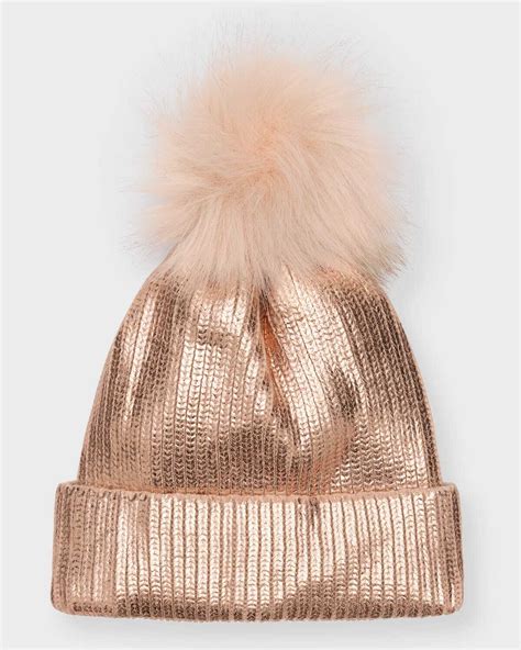 Adrienne Landau Metallic Beanie With Faux Fur Pom Black Editorialist