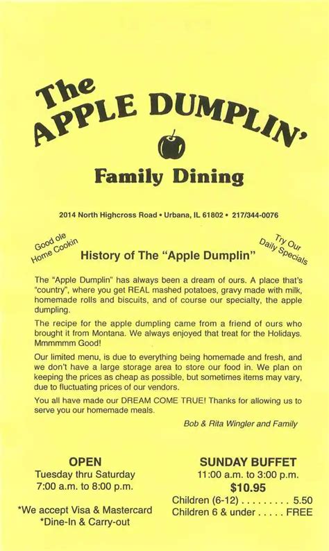 Menu at Apple Dumpling restaurant, Urbana