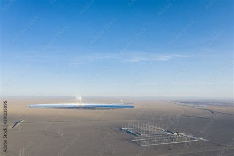 aerial view of solar thermal power station and transformer substation ...