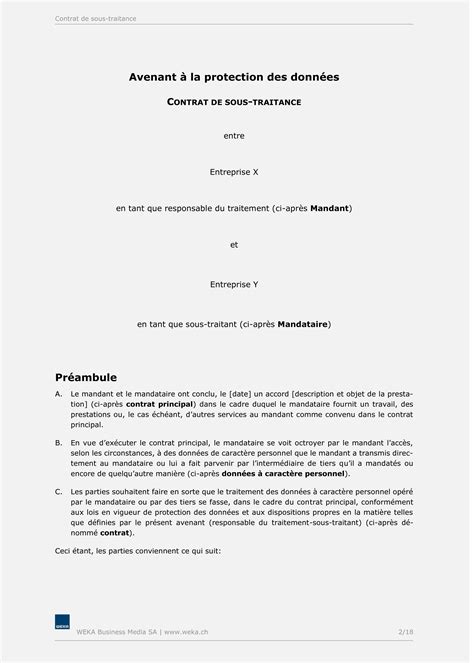 Modèle de contrat de sous traitance de traitement des données selon le RGPD