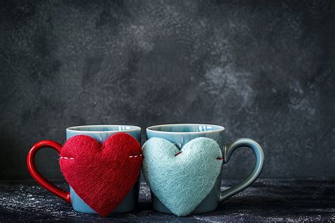 Two Cute Cups And Felt Hearts On Dark Background Beautiful Mug