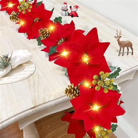 Pack Christmas Poinsettia Berry Garland With Led Lights Feet