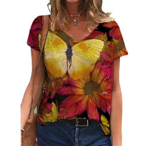 Fashion Flower Print Women Summer T Shirt Casual V Neck Short Sleeve