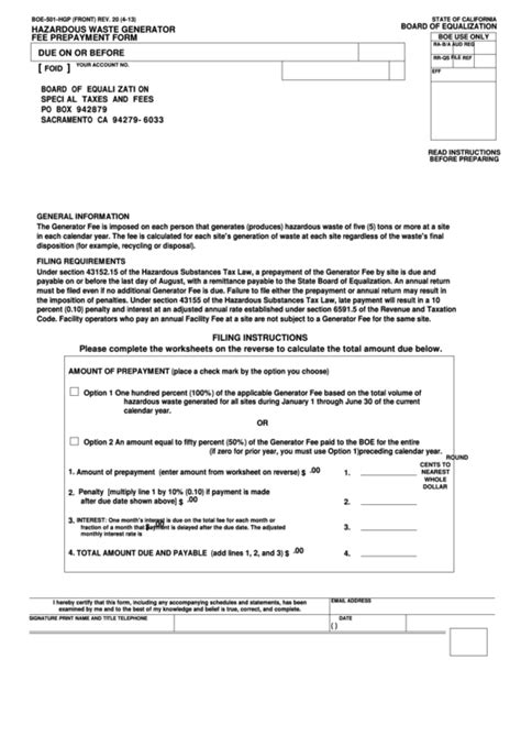 Fillable Form Boe Hgp Hazardous Waste Generator Fee Prepayment