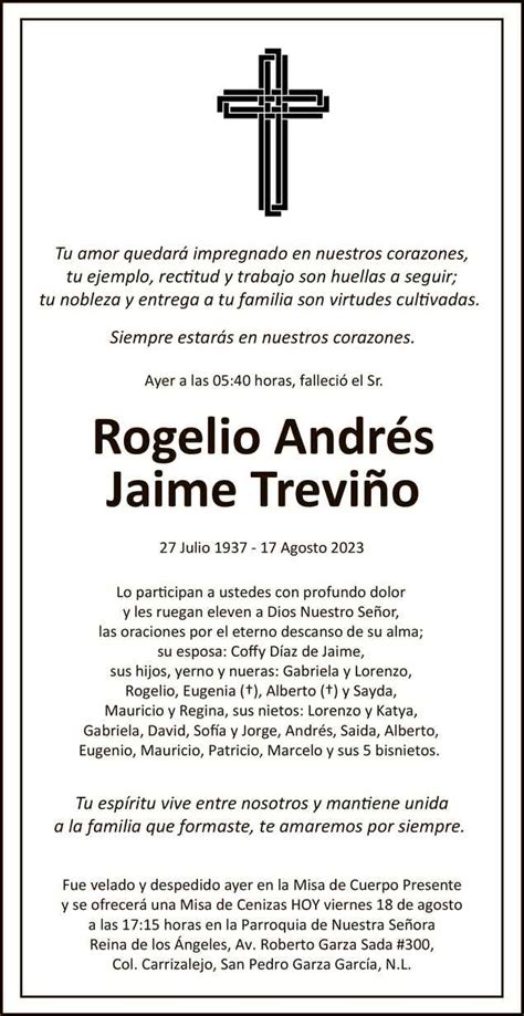 Sr Rogelio Andr S Jaime Trevi O Obituario Esquela