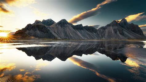 1366x768 Mountains Clouds Lake Reflection Sun Sky Laptop Hd Hd 4k