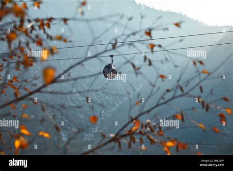 Two Cabin Of Cable Car In The Mountain Ski Resort Shymbulak At Glow