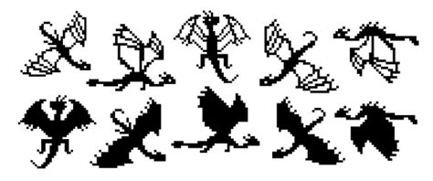 Set of black and white outline pixel dragons Vector Image