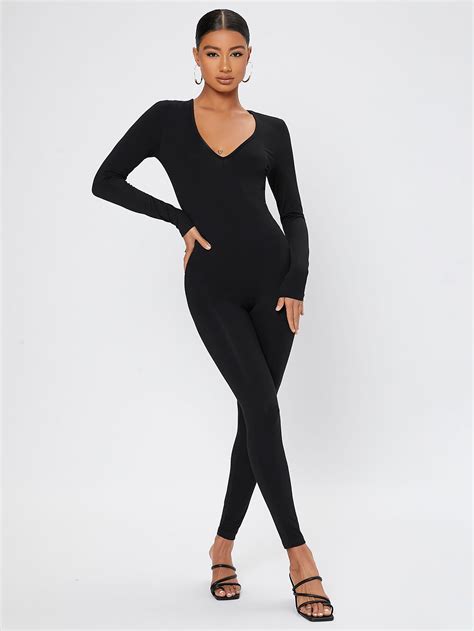 Shein Tall Solid V Neck Unitard Jumpsuit Shein Usa