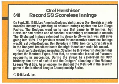 Orel Hershiser Los Angeles Dodgers 1989 Donruss 59 And Counting