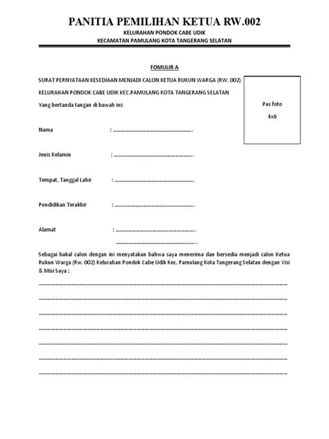 Formulir Pendaftaran Calon Ketua Rw Pdf