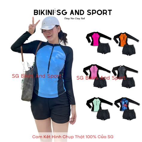 Bộ bơi nữ Bikini SG tay dài phối quần đùi lớp kín đáo áo Shopee Việt Nam