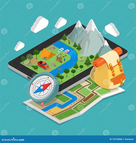 Flat 3d Isometric Mobile Gps Navigation Maps Conce Stock Illustration