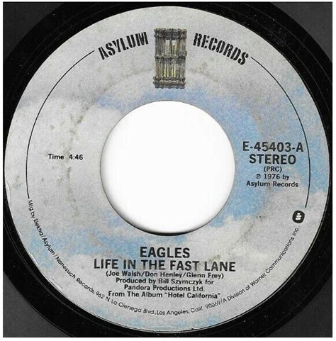 an album label for eagles'life in the fast lane, with black and white ...